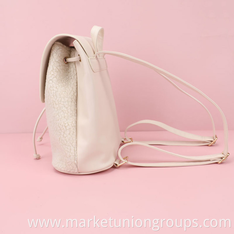 White Cute Custom Color Logo Sherpa Lamb Wool PU Winter Backpack Lady Girl Tote Bag